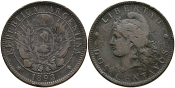 Аргентина 2 сентаво 1893 голова свободы влево KM 8 бронза 4531-1132