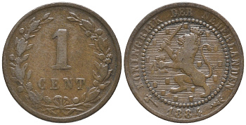 НИДЕРЛАНДЫ 1 ЦЕНТ 1884 ВИЛЬЯМ III (1849-1890) KM 107 бронза 100-849