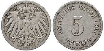 ГЕРМАНИЯ 5 ПФЕННИГОВ 1896 J, KM 11, J. 12 медно-никель 45-1113
