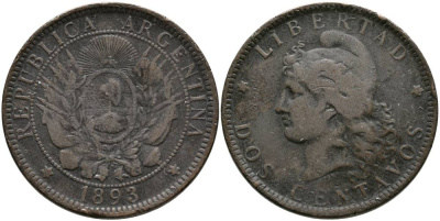 Аргентина 2 сентаво 1893 голова свободы влево KM 8 бронза 4531-1132