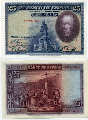 Испания 25 песет 1928 серия A 7734936, Педро Кальдерон де ля Барка Pick 74 a бумага aUNC 7217-81-2-1