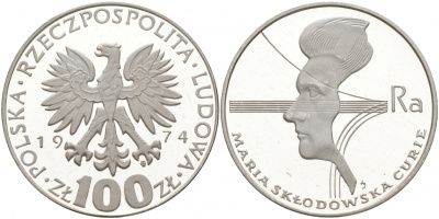 Польша 100 злотых 1974 MW, 40 лет со дня смерти Марии Склодовской-Кюри (1867-1934) KM 71, Parchimowicz 270 серебро PROOF 1087-8-63