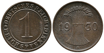 ГЕРМАНИЯ 1 РЕЙХСПФЕННИГ 1930 A KM 37, J. 313 бронза 39-1037