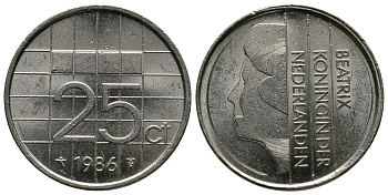 НИДЕРЛАНДЫ 25 ЦЕНТОВ 1986 БЕАТРИКС KM 204 никель 73-664