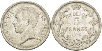 БЕЛЬГИЯ 5 ФРАНКОВ 1933 АЛЬБЕРТ I, DES BELGES KM 97.1 никель 3851-243