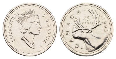 Канада 25 центов 1998 w, Елизавета II (1952-2022), олень KM 184 никель BU 113-733