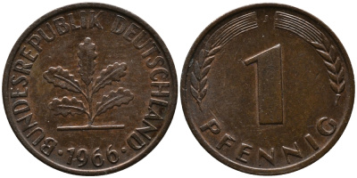 ФРГ 1 пфенниг 1966 J KM 105, J.380 сталь плакированная медью 99-254