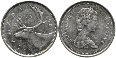 КАНАДА 25 ЦЕНТОВ 1988 ЕЛИЗАВЕТА II (1952-), ОЛЕНЬ, ВТОРОЙ ПОРТРЕТ В КОРОНЕ KM 74 никель 4543-751