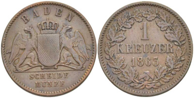 Баден 1 крейцер 1863 Великий Герцог Фридрих I (1856-1907) КМ 242 медь 117-832