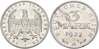 Германия 3 марки 1922 A, третья годовщина Веймарской Конституции KM 29, J.303 алюминий 4587-336
