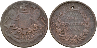 Британская Индия 1/4 анна 1835 с отверстием Британская Ост-Индская компания KM 446.2 медь    4597-116