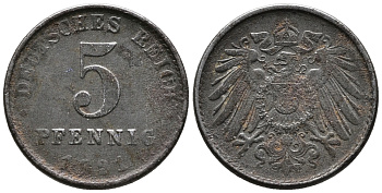 ГЕРМАНИЯ 5 ПФЕННИГОВ 1921 A KM 19, J. 297 железо 39-267