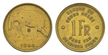 Бельгийское Конго 1 франк 1944 Леопольд III (1934-1951) KM 26 латунь 4655-569
