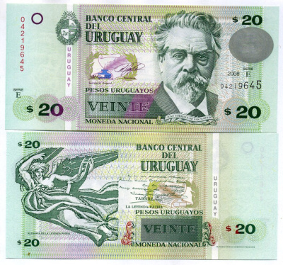 Уругвай 20 песо 2008 Хуан Соррилья де сан Мартин, поэт Pick 86 a бумага UNC (пресс) 7202-32-3