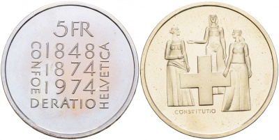 Швейцария 5 франков 1974 100 лет изменения Конституции KM 52 медно-никель PROOF 1087-3-25