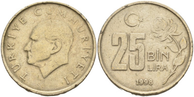 Турция 25000 лир 1998 Мустафа Кемаль Ататюрк KM 1041 медь цинк никель 4144-611