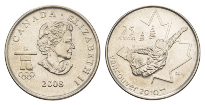 Канада 25 центов 2008 XXI зимние Олимпийские Игры, Ванкувер 2010 - Сноуборд KM 768 сталь плакированная никелем UNC 4637-945