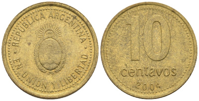 Аргентина 10 сентаво 2004 KM 107, CJ 3, Schon 110 алюминиевая бронза 4609-1253
