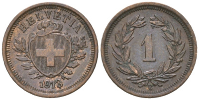 Швейцария 1 раппен 1913 B KM 3 бронза aUNC 4532-664