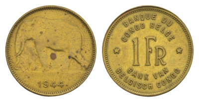 Бельгийское Конго 1 франк 1944 Леопольд III (1934-1951) KM 26 латунь 4655-569