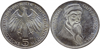 ФРГ 5 марок 1968 G, 500 лет со дня смерти Иоганна Гутенберга KM 122, J. 397 серебро UNC 1520-1235