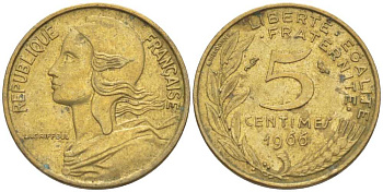 ФРАНЦИЯ 5 САНТИМОВ 1966 ТИП MARIANNE KM 933, LE FRANC 125.2 алюминиевая бронза 66-557