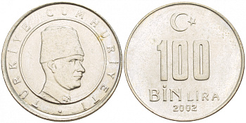 Турция 100000 лир 2002 Мустафа Кемаль Ататюрк KM 1106 медь никель цинк UNC 4544-1154