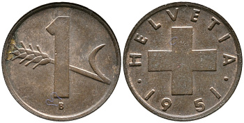 ШВЕЙЦАРИЯ 1 РАППЕН 1951 В KM 46 бронза 4528-613