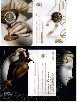 Сан-Марино 2 евро 2022 200 лет со дня смерти Антонио Кановы, в оригинальном буклете KM 611 биметалл UNC 8-2-01-30