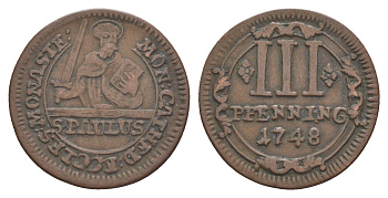 Мюнстер 3 пфеннига 1748 Монетный двор кафедрального капитула KM 430 медь 633-1511