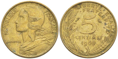 ФРАНЦИЯ 5 САНТИМОВ 1966 ТИП MARIANNE KM 933, LE FRANC 125.2 алюминиевая бронза 66-557