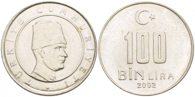 Турция 100000 лир 2002 Мустафа Кемаль Ататюрк KM 1106 медь никель цинк UNC 4544-1154