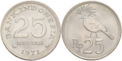Индонезия 25 рупий 1971 венценосный голубь KM 34 медно-никель UNC 4528-615