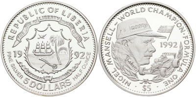 Либерия 5 долларов 1992 чемпионы формулы 1, Найджел Мэнселл 1992 год KM 76 серебро PROOF 1096-5-74