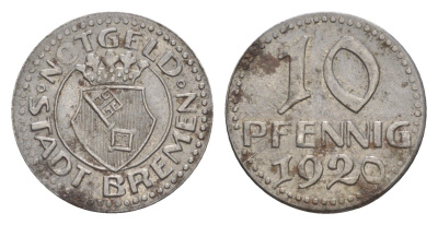 Бремен 10 пфеннигов 1920 Funck 58.1, Men05 3609.1 железо 4636-923
