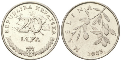 Хорватия 20 лип 2003 нечетный год KM 7 сталь плакированная никелем  UNC  4124-1266