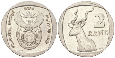 ЮАР 2 ранда 2004 KM 336 медь плакированная медно-никелем aUNC 4364-2241