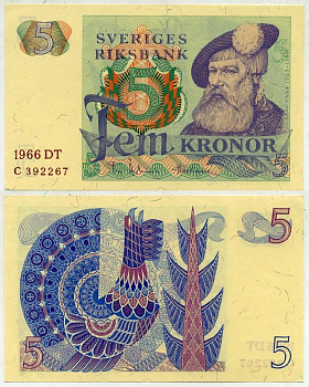 Швеция 5 крон 1966 DT, Густав I Ваза Pick 51a бумага aUNC 2192-4-3-1