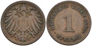 Германия 1 пфенниг 1905 D KM 10, J. 10 медь 4567-1221