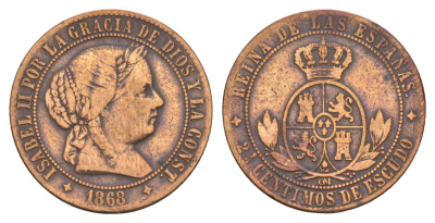 Испания 2 1/2 сентимо 1868 Изабелла II KM 634 медь 00-00
