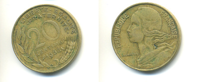 ФРАНЦИЯ 20 САНТИМОВ 1968 ТИП MARIANNE KM 930, LE FRANC 156.8 алюминиевая бронза 86-1735