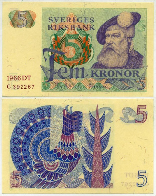 Швеция 5 крон 1966 DT, Густав I Ваза Pick 51a бумага aUNC 2192-4-3-1