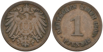 Германия 1 пфенниг 1905 D KM 10, J. 10 медь 4567-1221