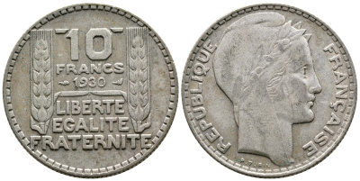 Франция 10 франков 1930 Пьер Тюрен KM 878, Le Franc 360.3 серебро 79-442