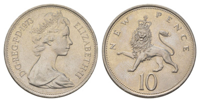 Великобритания 10 пенсов 1973 Елизавета II (1952-2022) KM 912, Spink 4231 (F1) медно-никель UNC 4628-821