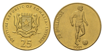 Сомали 25 шиллингов 2001 год-тип, футболист KM 103 латунь UNC 4679-128