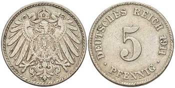 Германия 5 пфеннигов 1911 J KM 11, Jager 12, Weege 6 медно-никель 105-148