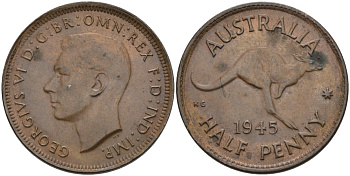Австралия 1/2 пенни 1945 Георг VI (1937-1952), кенгуру KM 41 бронза 4579-125