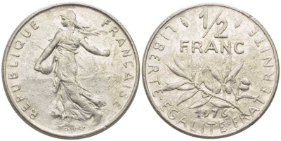 ФРАНЦИЯ 1/2 ФРАНКА 1976 СЕЯТЕЛЬ KM 931.1, LE FRANC 198.15 никель 175-947