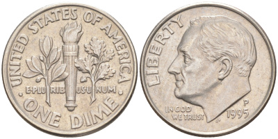 США 10 ЦЕНТОВ = 1 ДАЙМ 1995 P, РУЗВЕЛЬТ KM 195a медь плакированная медно-никелем 187-1116